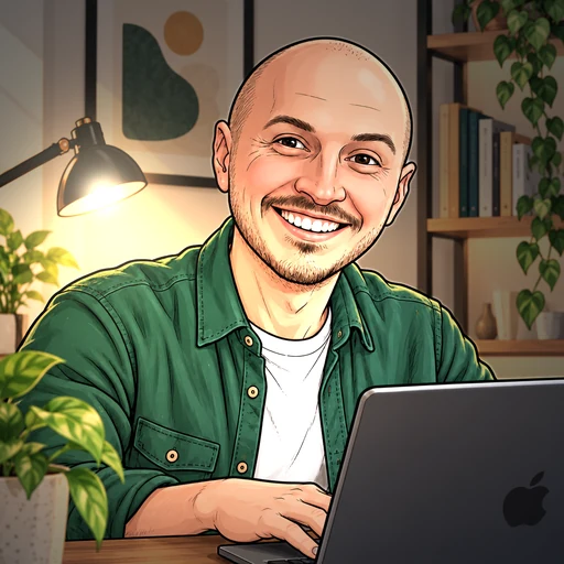 Illustrated portrait of Craig Thompson smiling at his laptop at night, by the light of a desk lamp