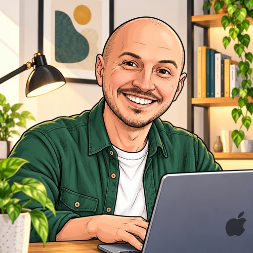 Illustrated portrait of Craig Thompson smiling at his laptop
